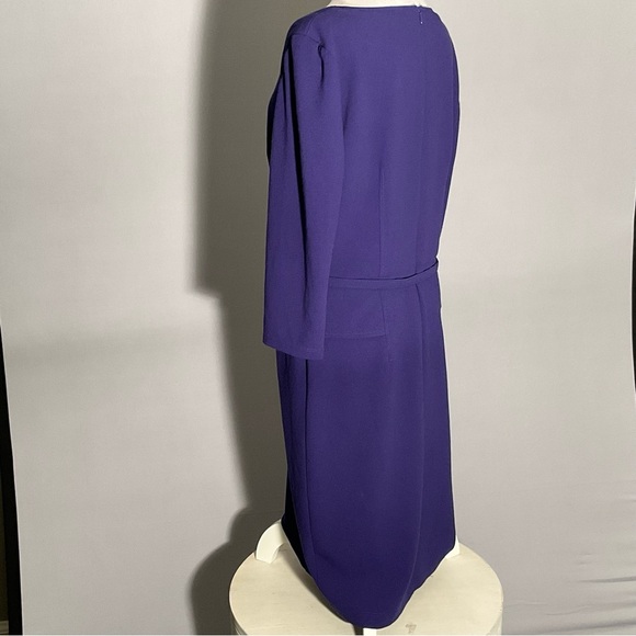 David Meister Size 10 Purple Sheath Dress Fabric Belt 3/4 Sleeve Unique Neckline - Picture 7 of 14